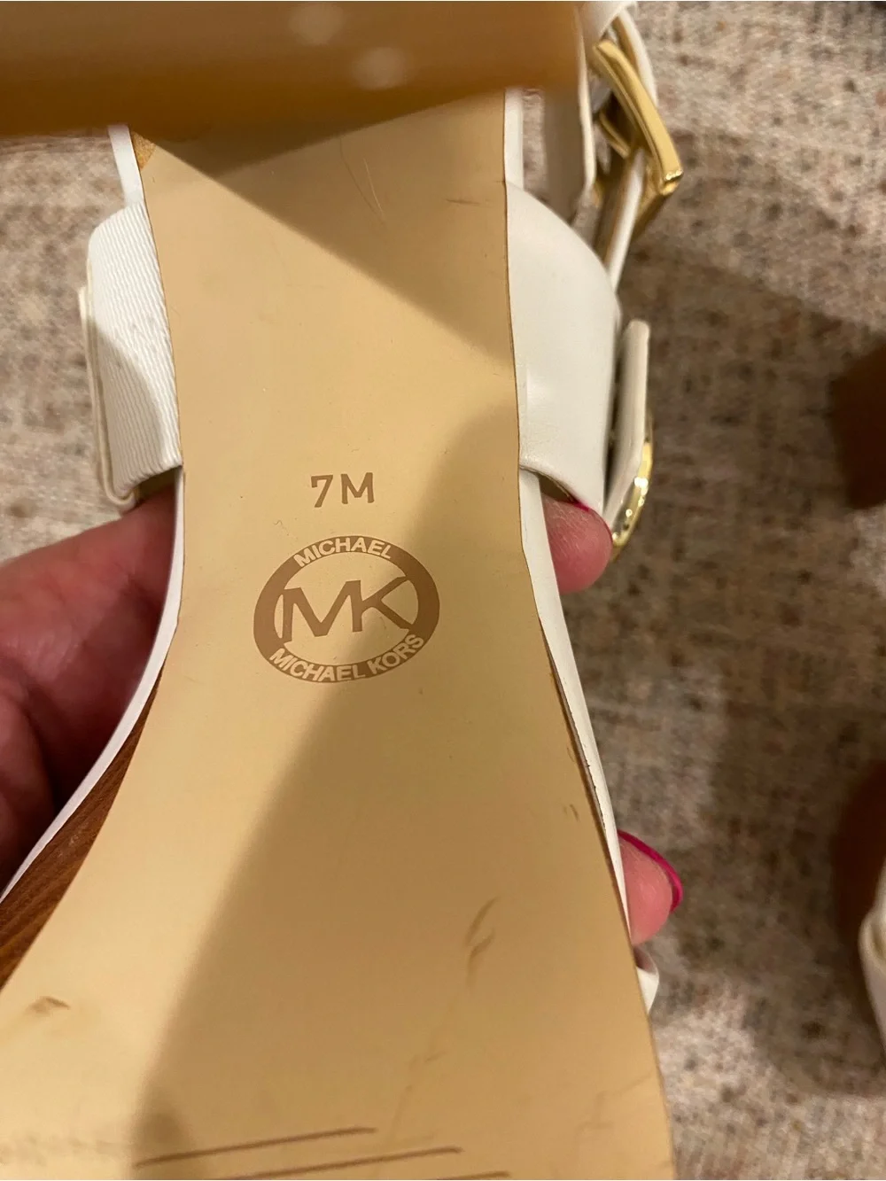Michael Kors White Platform Block Heel Sandals with Brown Wood-Look Sole